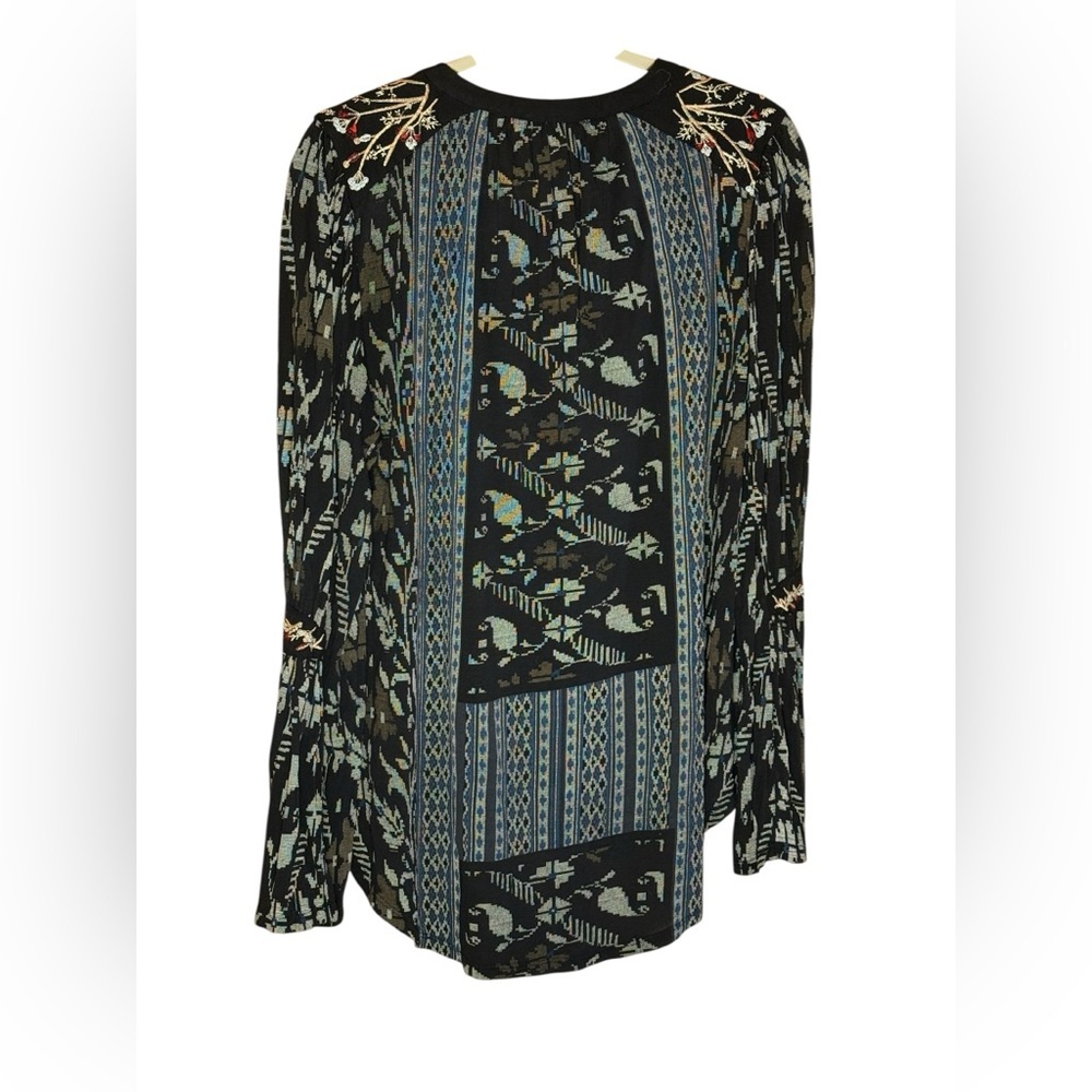 Lucky Brand Boho Embroidered Bell Sleeve Tunic Top Black Gray Large - Picture 3 of 11
